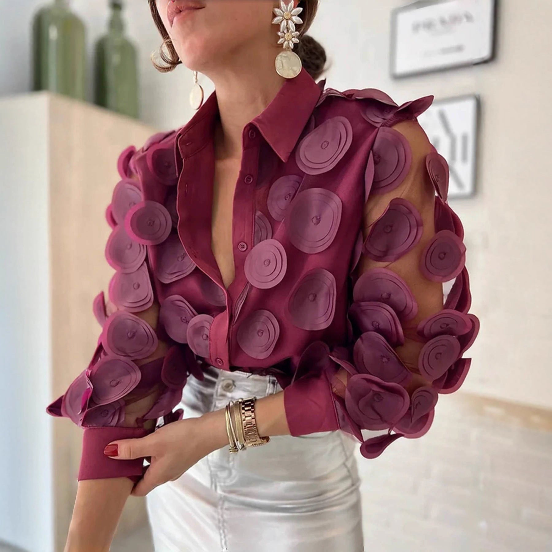 Mesh Long Sleeve Shirt French Style Elegant Blouse