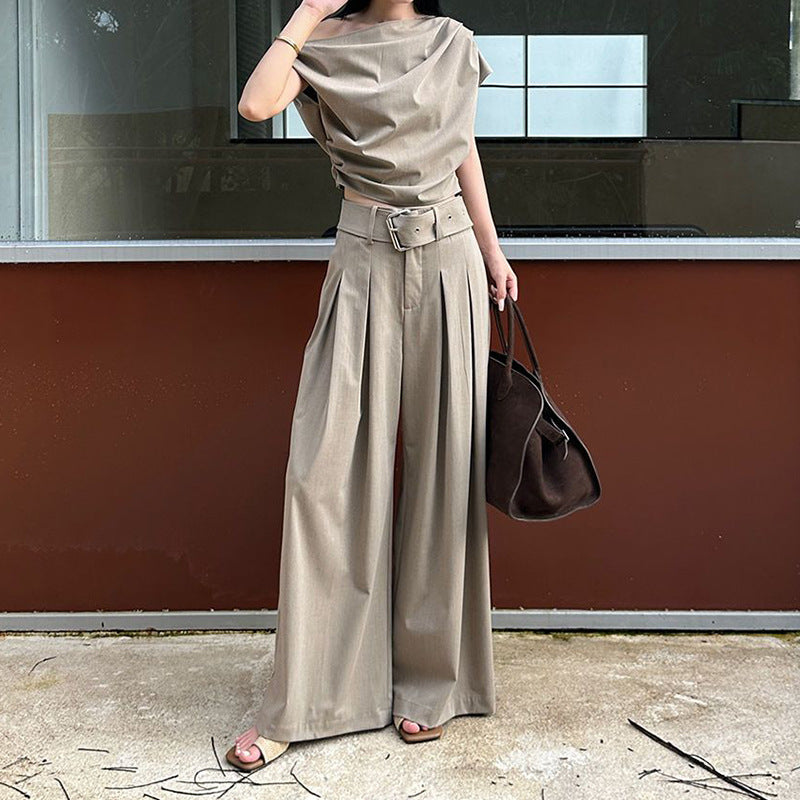 Beige Asymmetrical Tube Top And Wide Leg Pants Womens