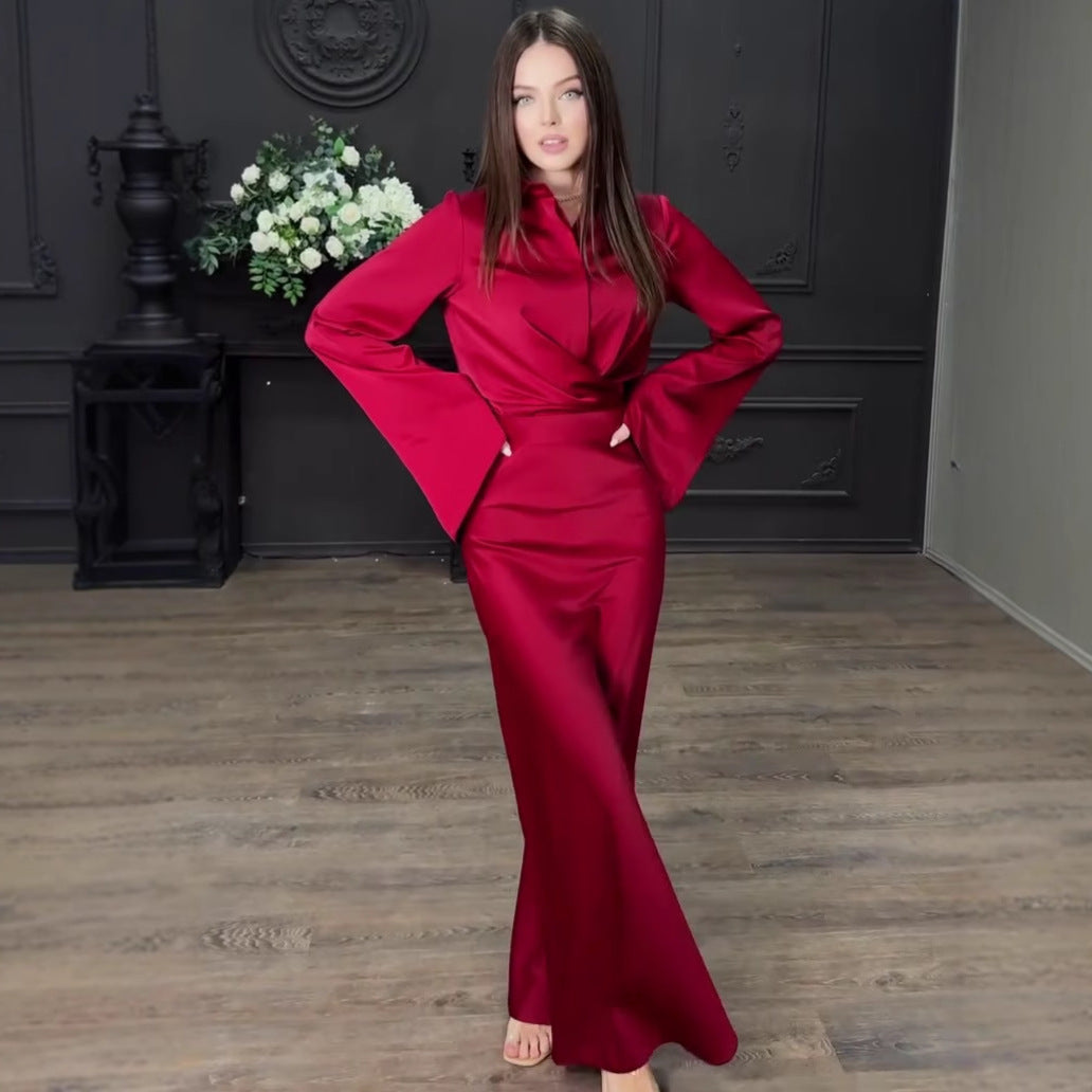 Notch-collar Satin Shirt With Flared Sleeves Paired With A Bodycon Skirt For Women