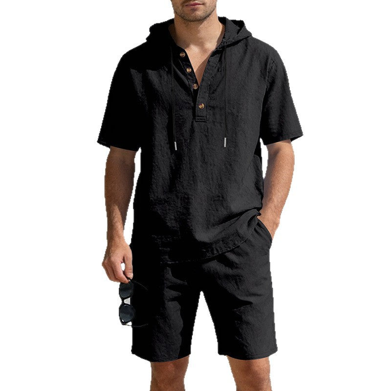 Mens Loose, Breathable Linen Hooded Casual Set