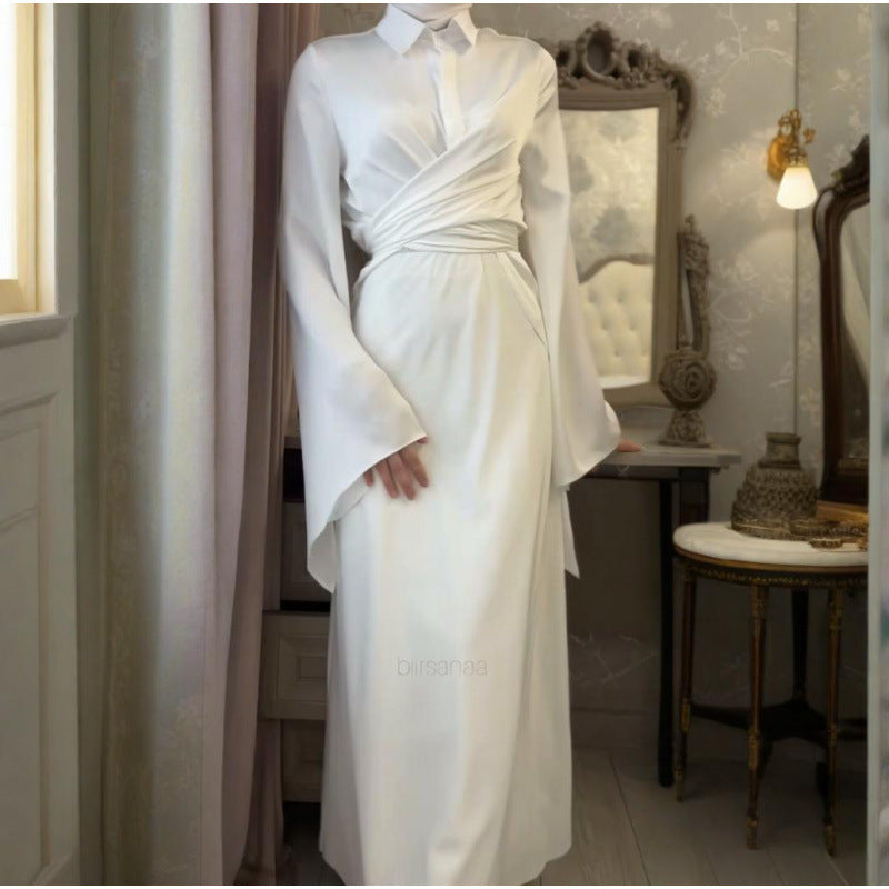 Notch-collar Satin Shirt With Flared Sleeves Paired With A Bodycon Skirt For Women