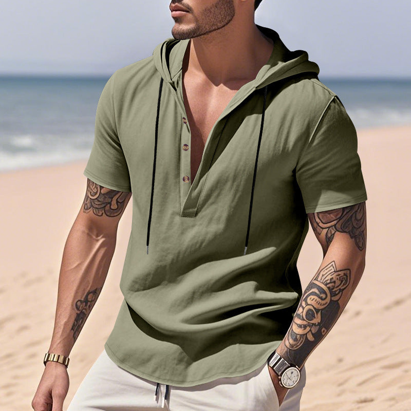 Breathable Linen Hooded Henley Shirt With Short Sleeves