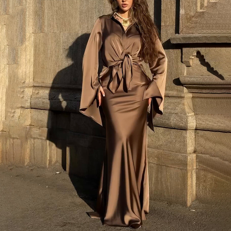 Notch-collar Satin Shirt With Flared Sleeves Paired With A Bodycon Skirt For Women