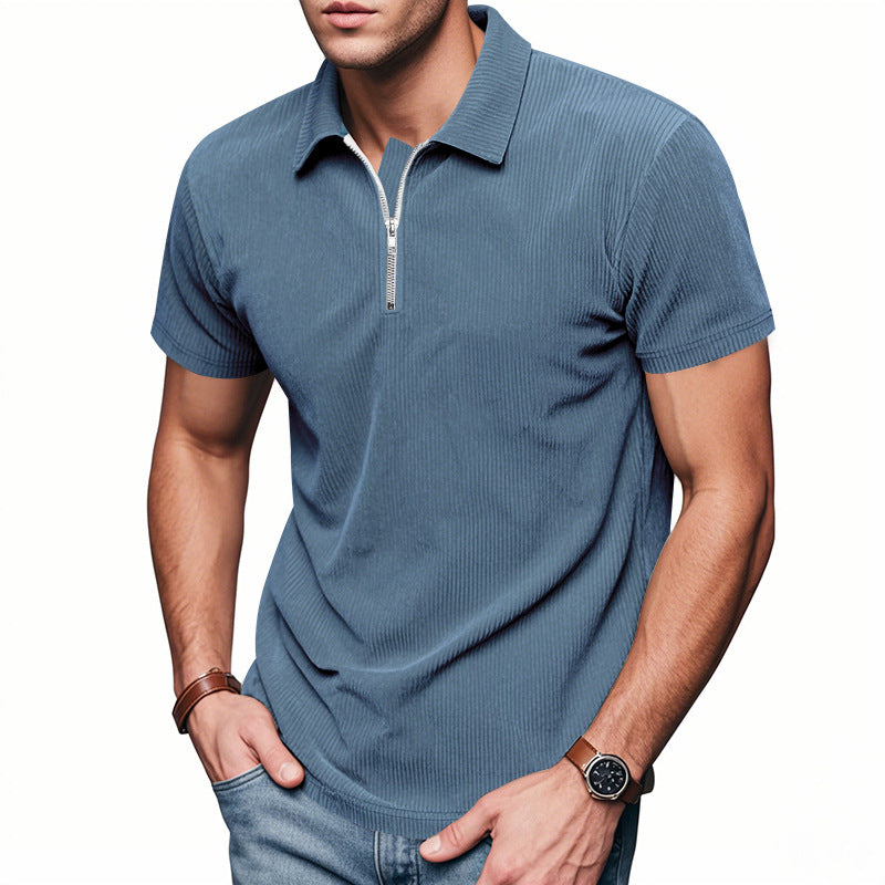 Mens Loose Corduroy Half-Zip Polo Short-Sleeve T-Shirt