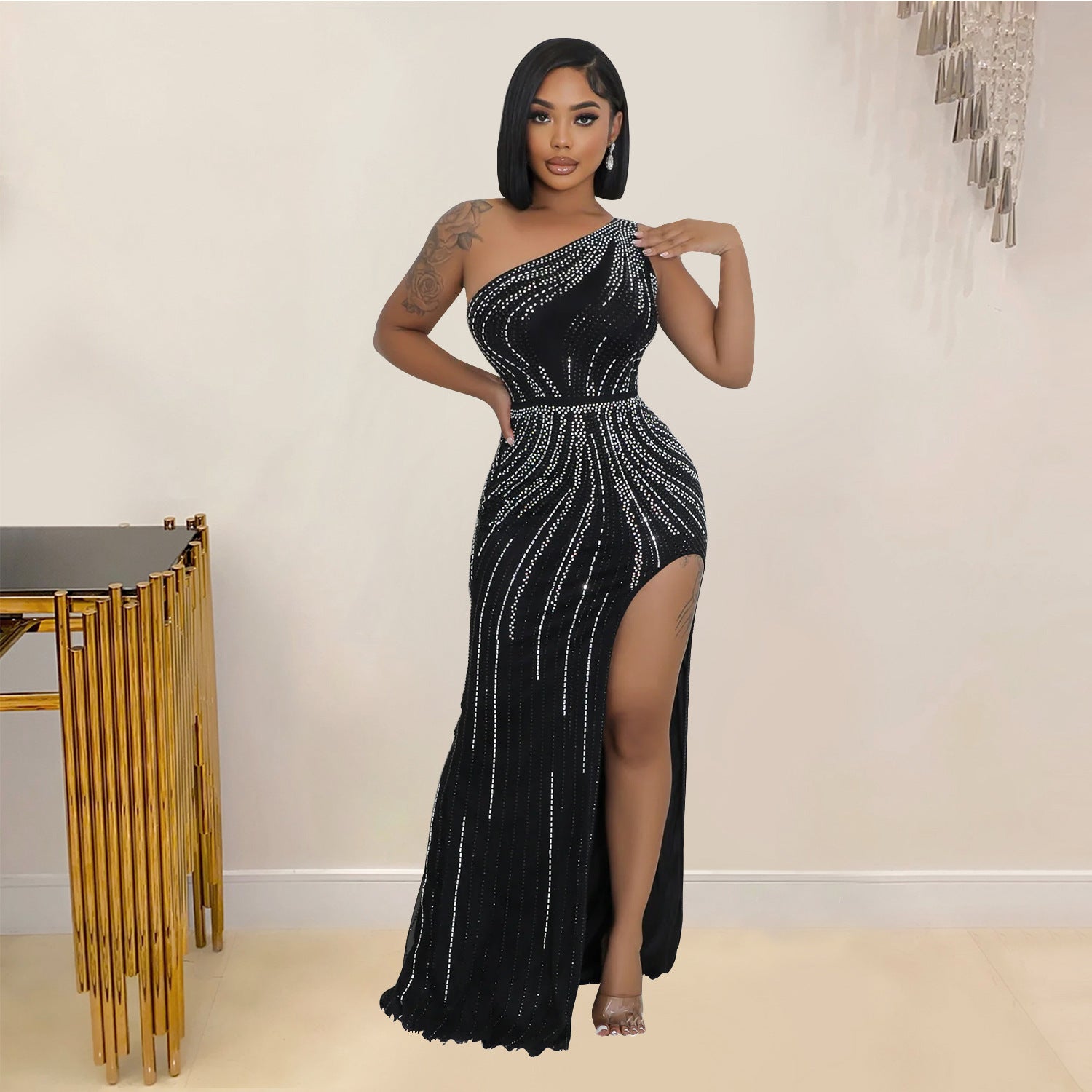 Fashionable Rhinestone-embellished Dress For Women