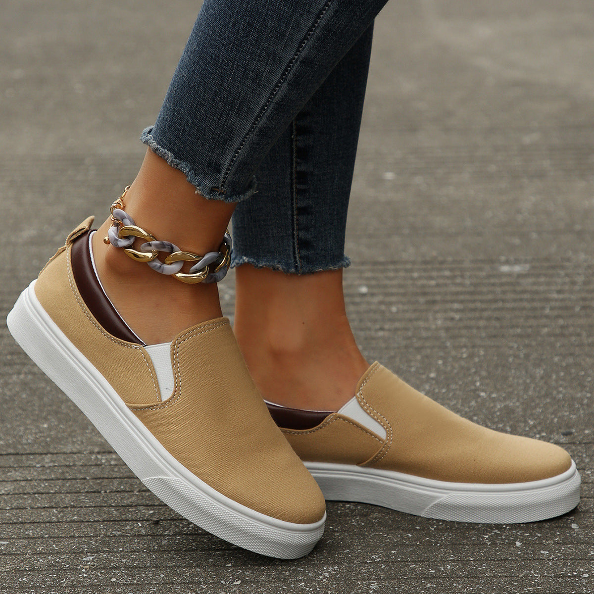 Womens Low-Top Solid-Colored Flat Shoes Cross-Border Slip-On Color-Block Loafers