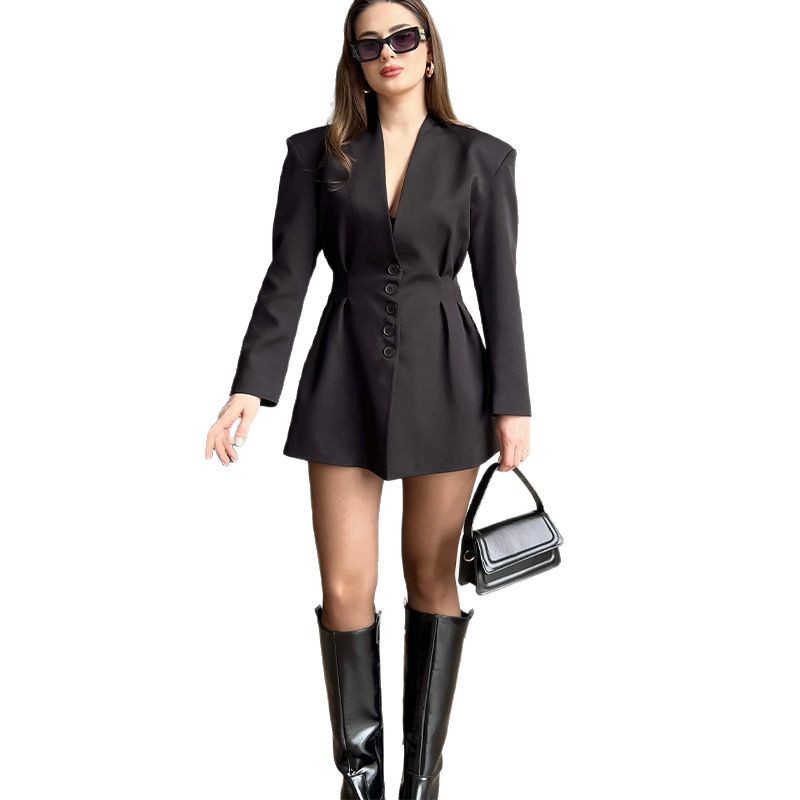 Solid-color Long-sleeve V-neck Multi-button Dress