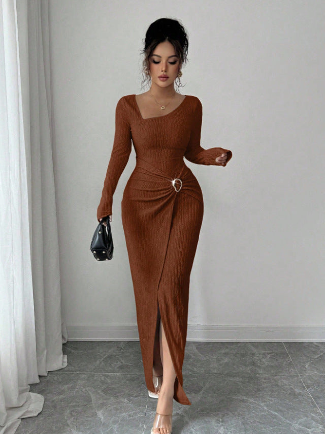 Slim Fit Body Hugging Slit Neck Long Sleeve Knit Dress