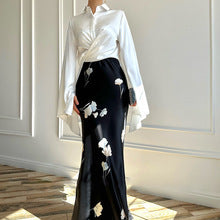 Notch-collar Satin Shirt With Flared Sleeves Paired With A Bodycon Skirt For Women