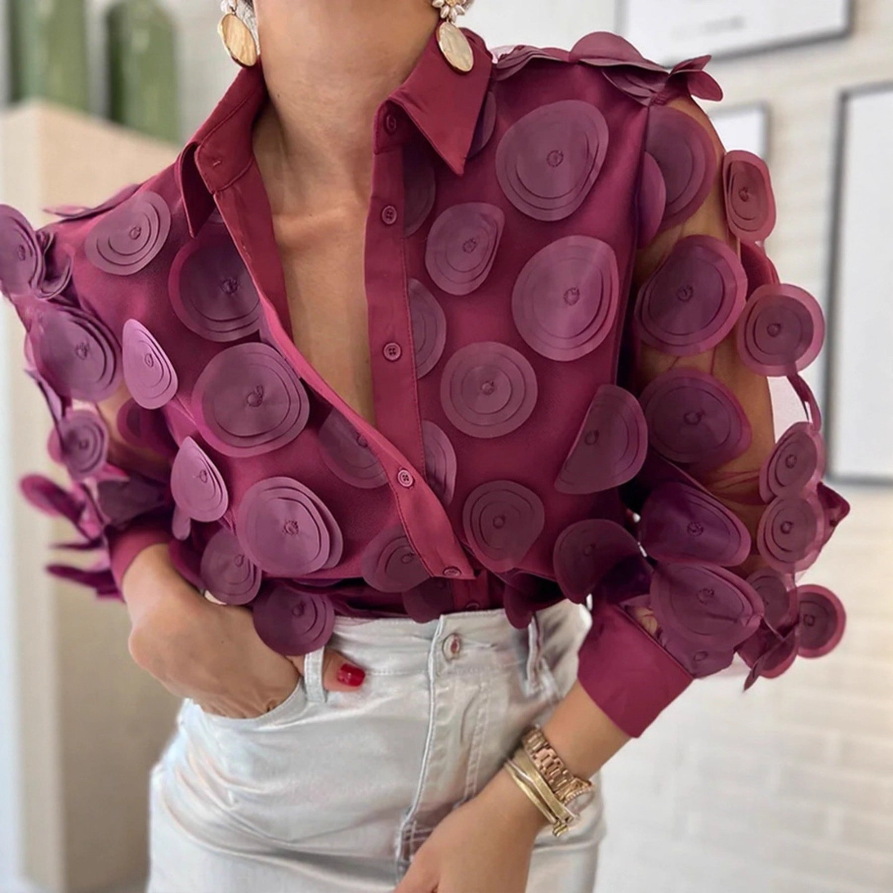 Mesh Long Sleeve Shirt French Style Elegant Blouse