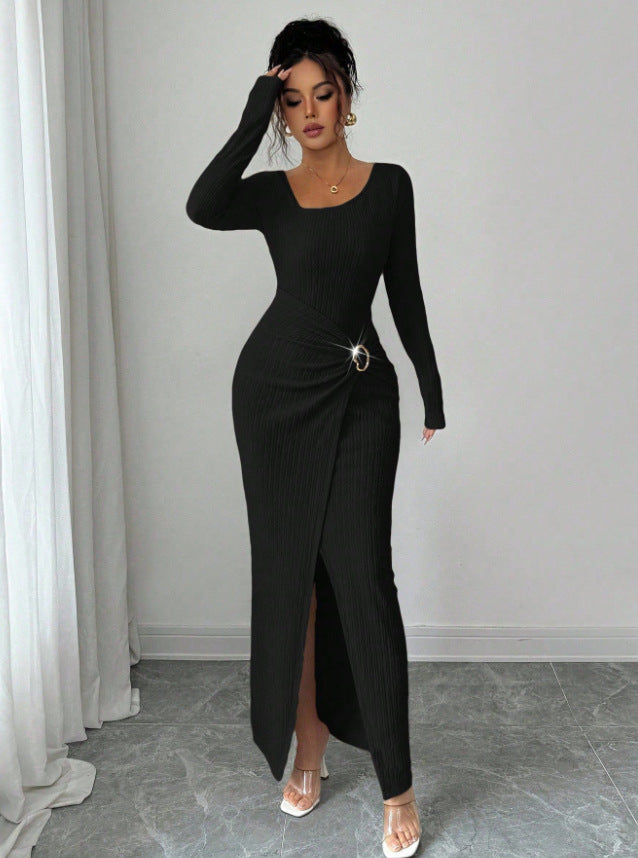 Slim Fit Body Hugging Slit Neck Long Sleeve Knit Dress