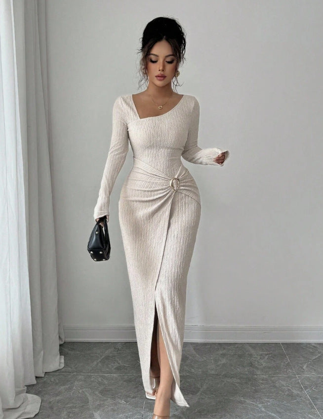 Slim Fit Body Hugging Slit Neck Long Sleeve Knit Dress